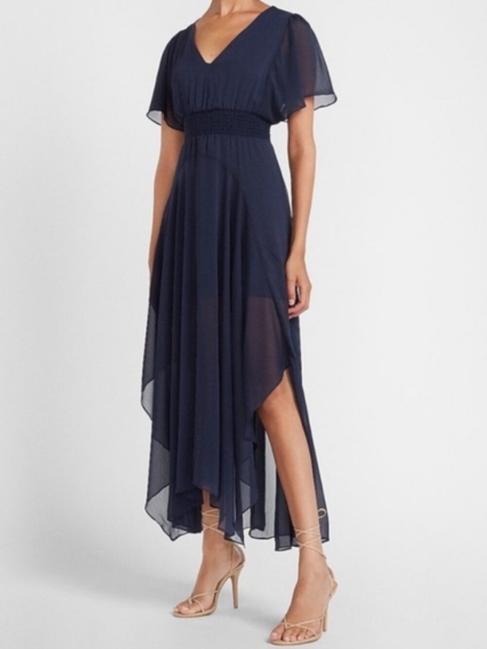 Express Navy Blue Flutter Sleeve Smocked Waist Maxi Dress Women's Small Flowy